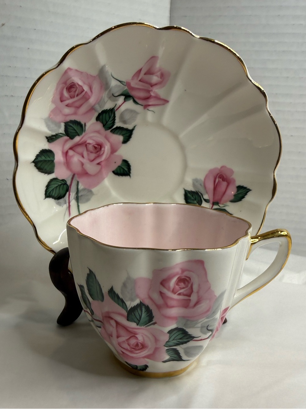 VTG Old Royal Bone China Pink Cabbage Rose Teacup and Saucer Set with Gold Trim